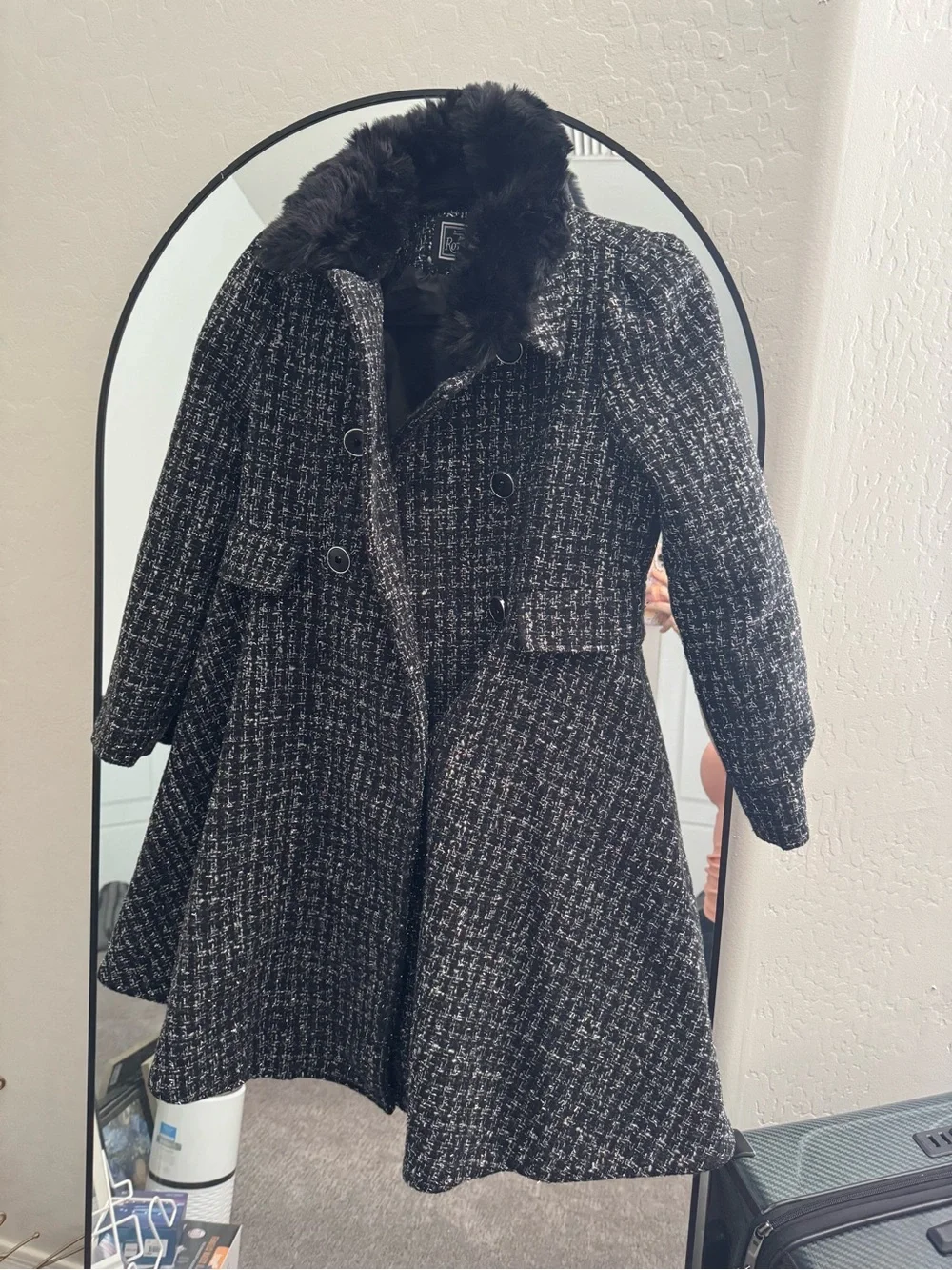 Girls' Black Tweed Pea Coat with Faux Fur Collar